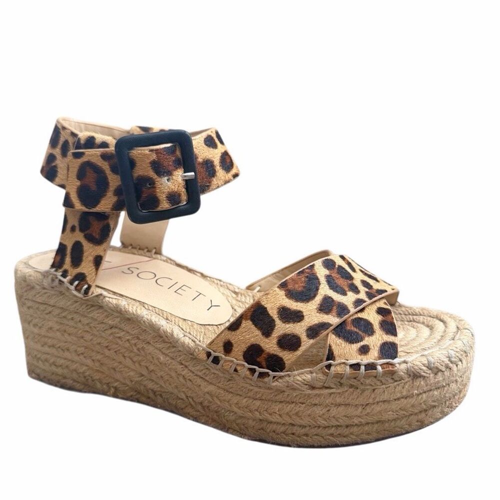 Sole Society Audrinah Sz 7 Leopard Haircalf Espadrille Wedge Ankle Strap EUC